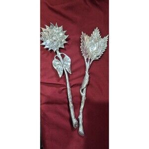 NWOT Ornate Two's Company Sunflower & Leaf Serving Pieces Salad Silver Tone Cool